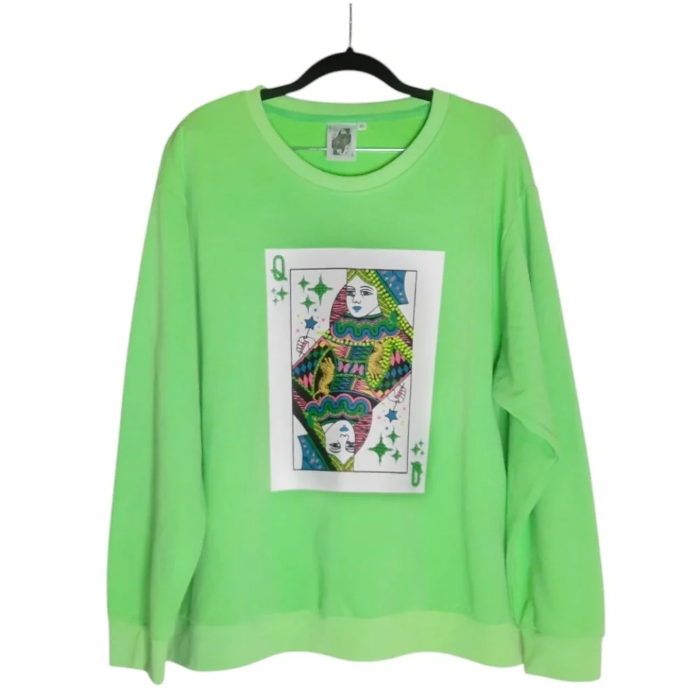 QUEEN OF SPARKLES Sweatshirt Beaded Queen Of Diamonds Card Logo Bright Green XL - Picture 10 of 11